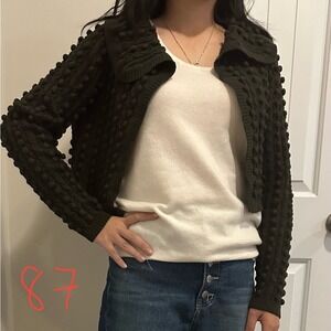 Vintage y2k pom pom dark gray black open front sweater cardigan‎ size small